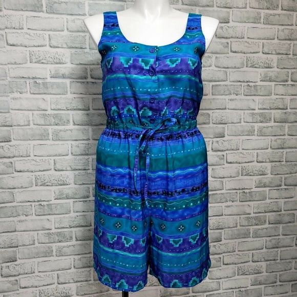 Vintage 90s Kathie Lee Collection Womens 10 Teal Purple Abstract Tropical Romper - Picture 1 of 8